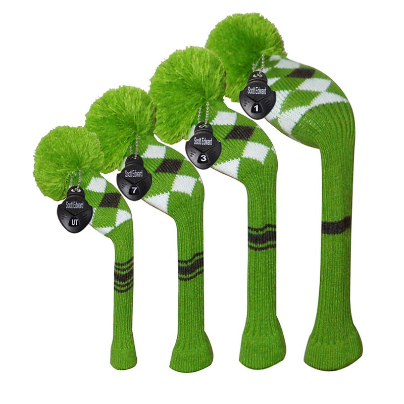 Scott Edward Green Grey White Argyle Golf Club Head Covers, Acrylic Yarn Double-Layers Knitted, with Rotatable Number Tags Set of 4 (Green Grey White Argyle Grey Stripes) - Image 1